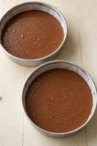 Chocolate cake batter divided evenly between two parchment-lined round pans