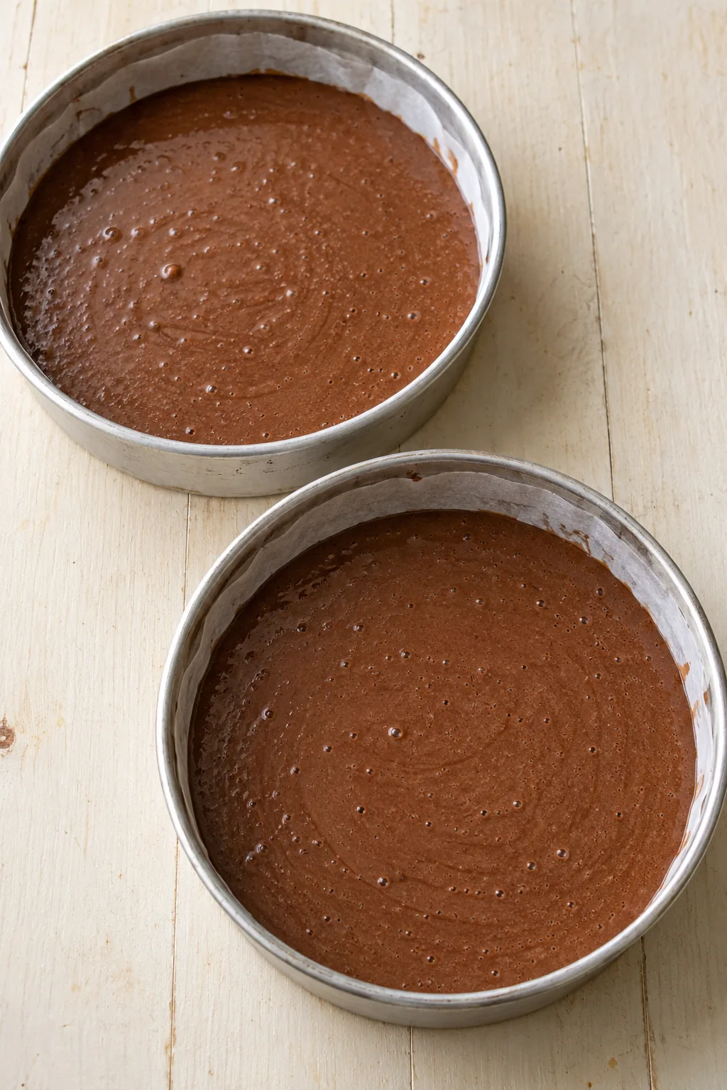 Chocolate cake batter divided evenly between two parchment-lined round pans