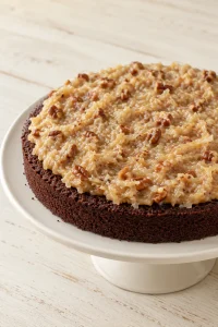 Coconut pecan frosting spread over the first chocolate cake layer
