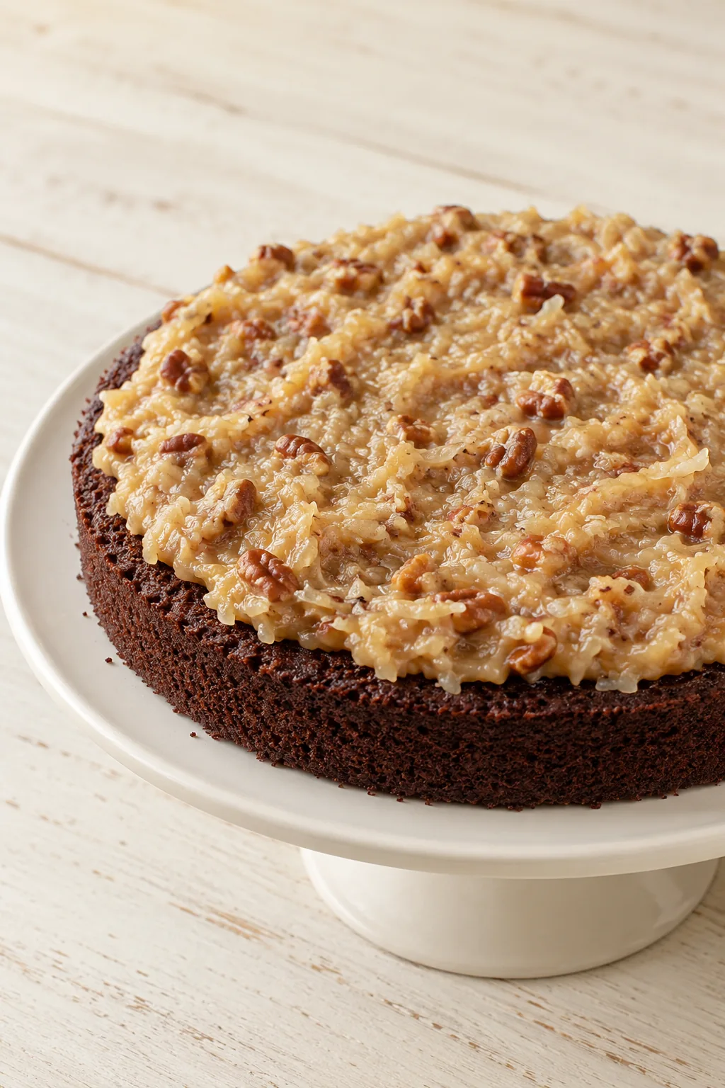 Coconut pecan frosting spread over the first chocolate cake layer