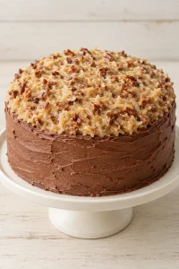 A whole two-layer German chocolate cake with coconut pecan topping and chocolate-frosted sides