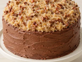 A whole two-layer German chocolate cake with coconut pecan topping and chocolate-frosted sides