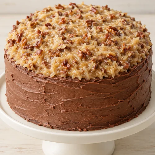A whole two-layer German chocolate cake with coconut pecan topping and chocolate-frosted sides
