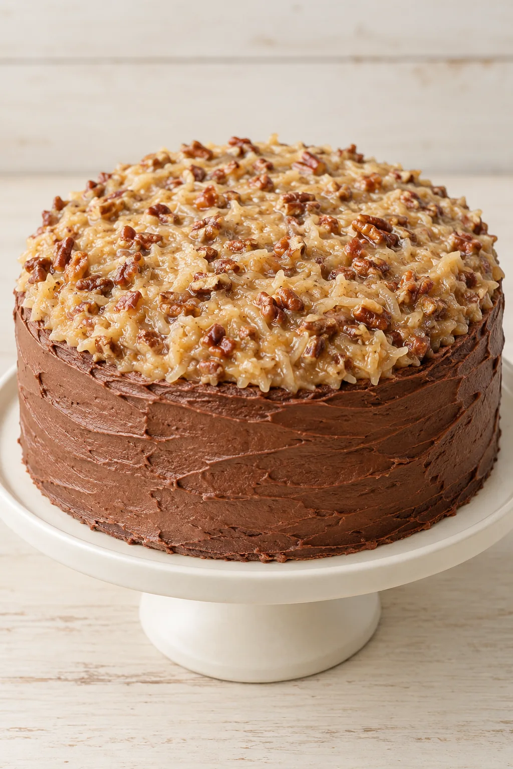 A whole two-layer German chocolate cake with coconut pecan topping and chocolate-frosted sides