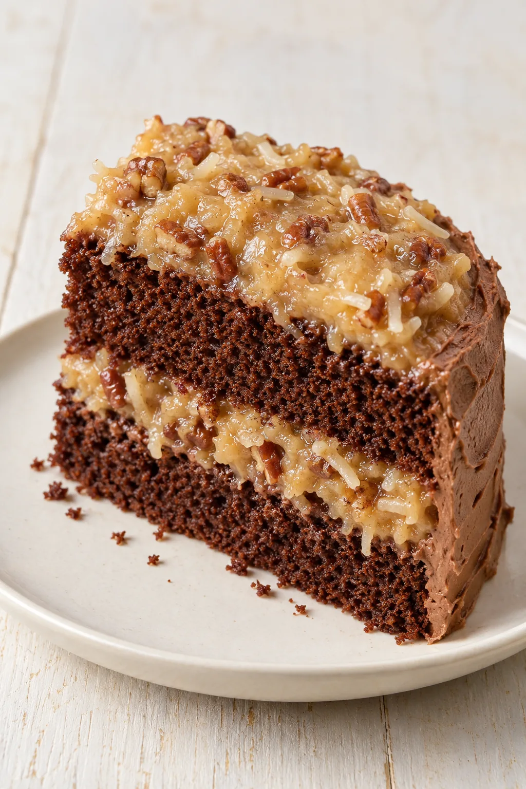 An intact slice showing two chocolate cake layers and coconut pecan filling