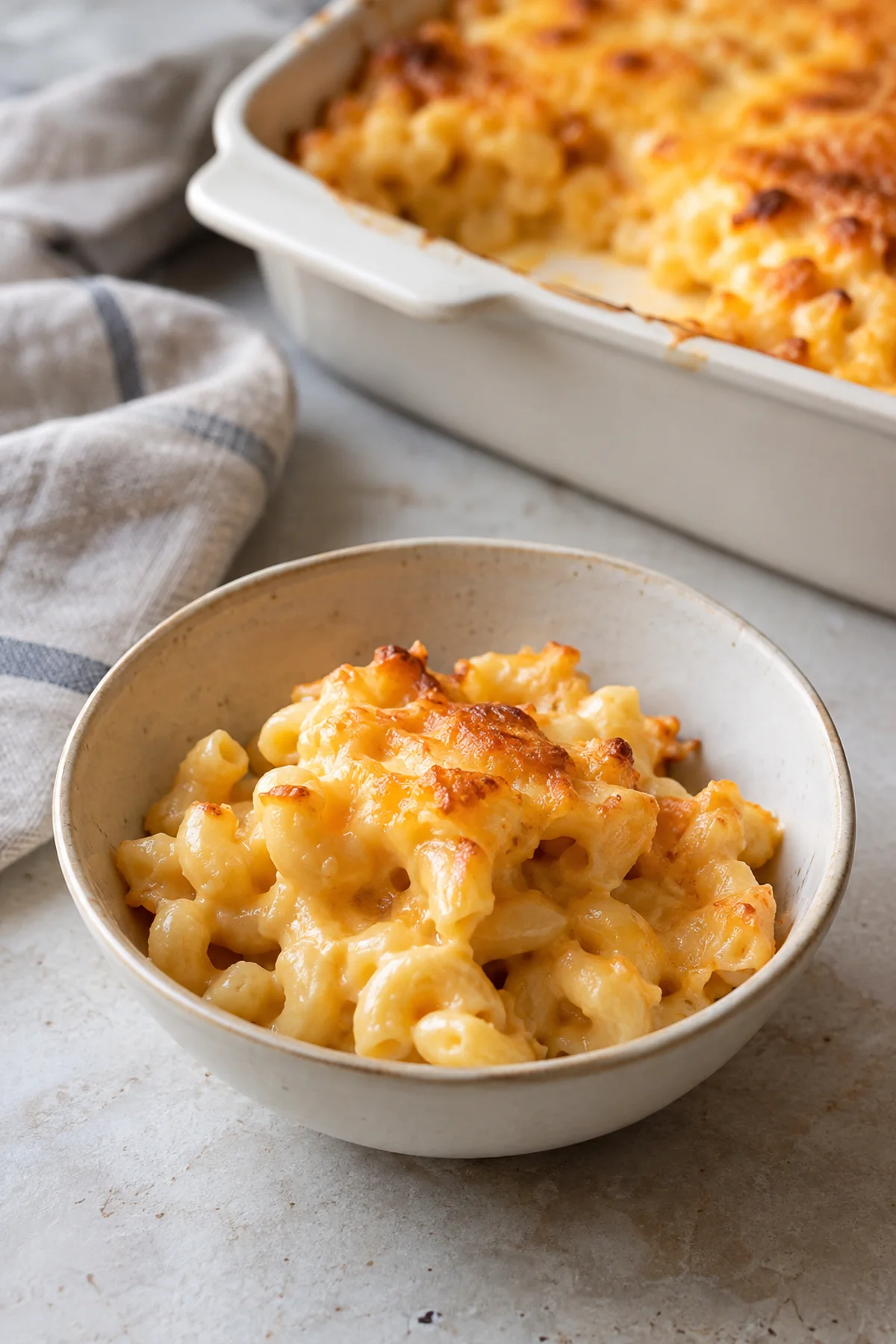 Bowl of baked macaroni and cheese ready to serve