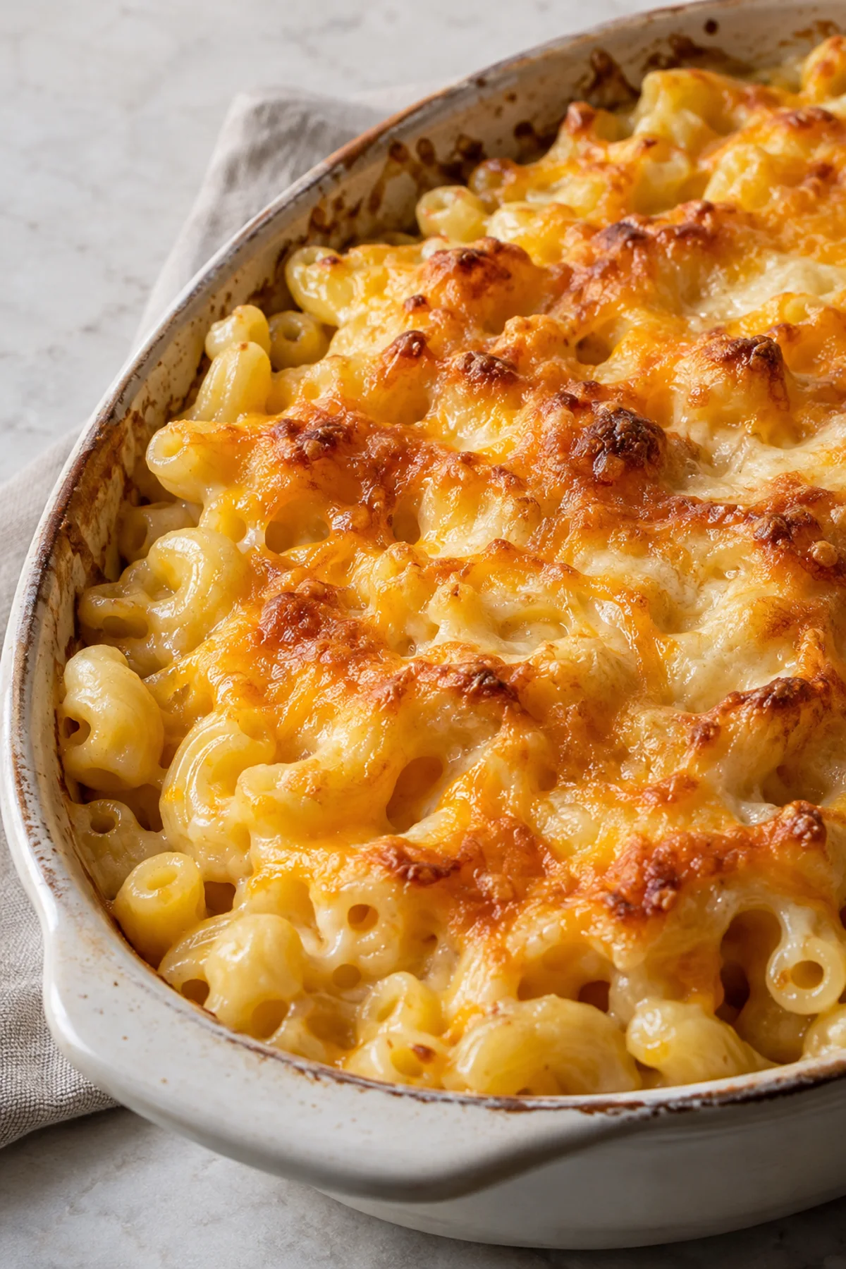 Close view of golden cheese and elbow macaroni