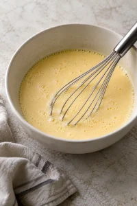 Milk and eggs whisked together for baked macaroni and cheese