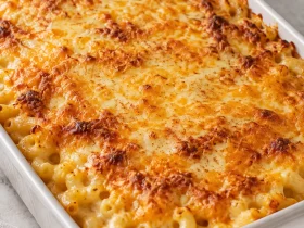 Golden baked macaroni and cheese in an ivory baking dish