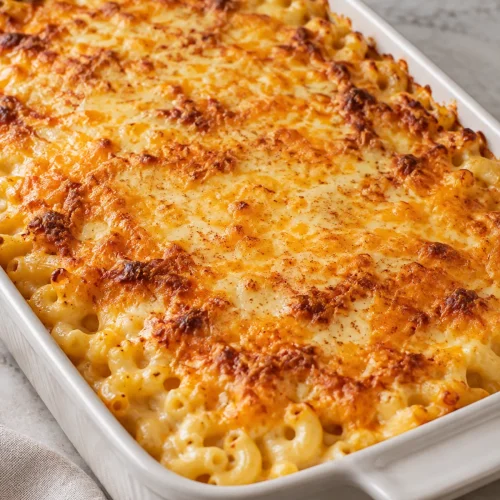 Golden baked macaroni and cheese in an ivory baking dish