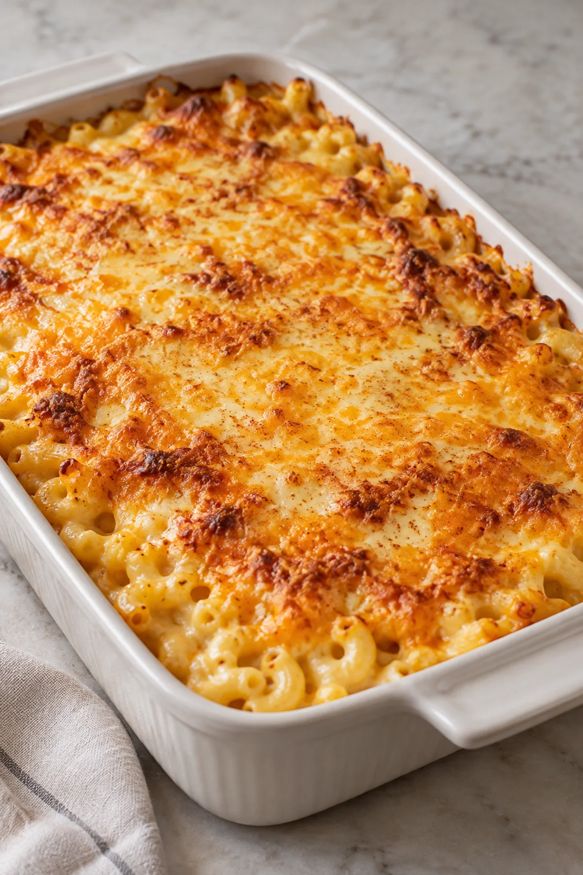 Golden baked macaroni and cheese in an ivory baking dish