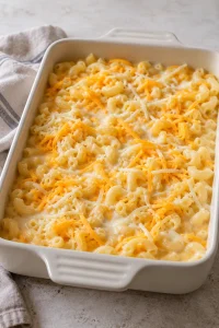 Macaroni layered with cheddar and mozzarella before baking