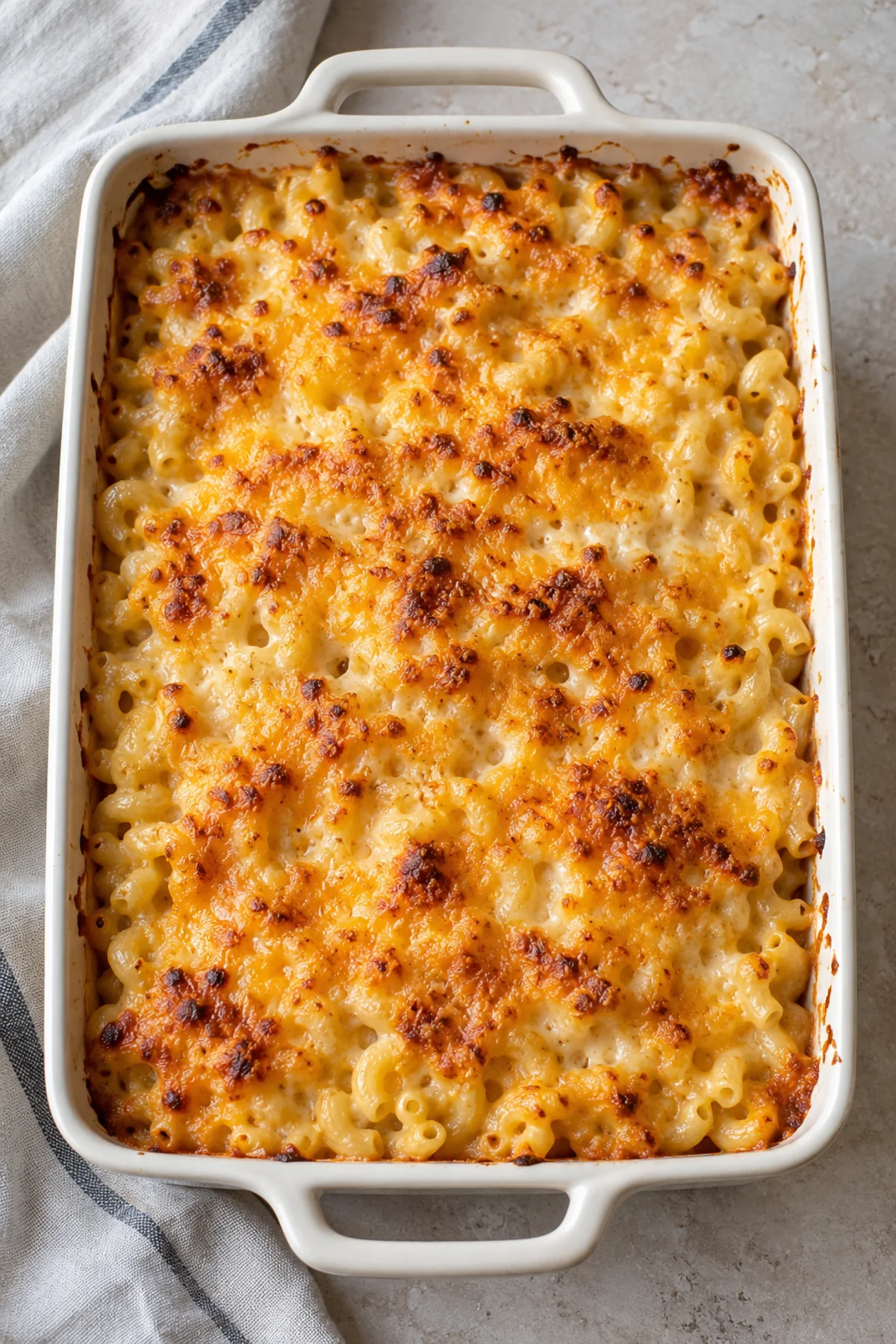 Overhead view of baked macaroni and cheese with a golden top