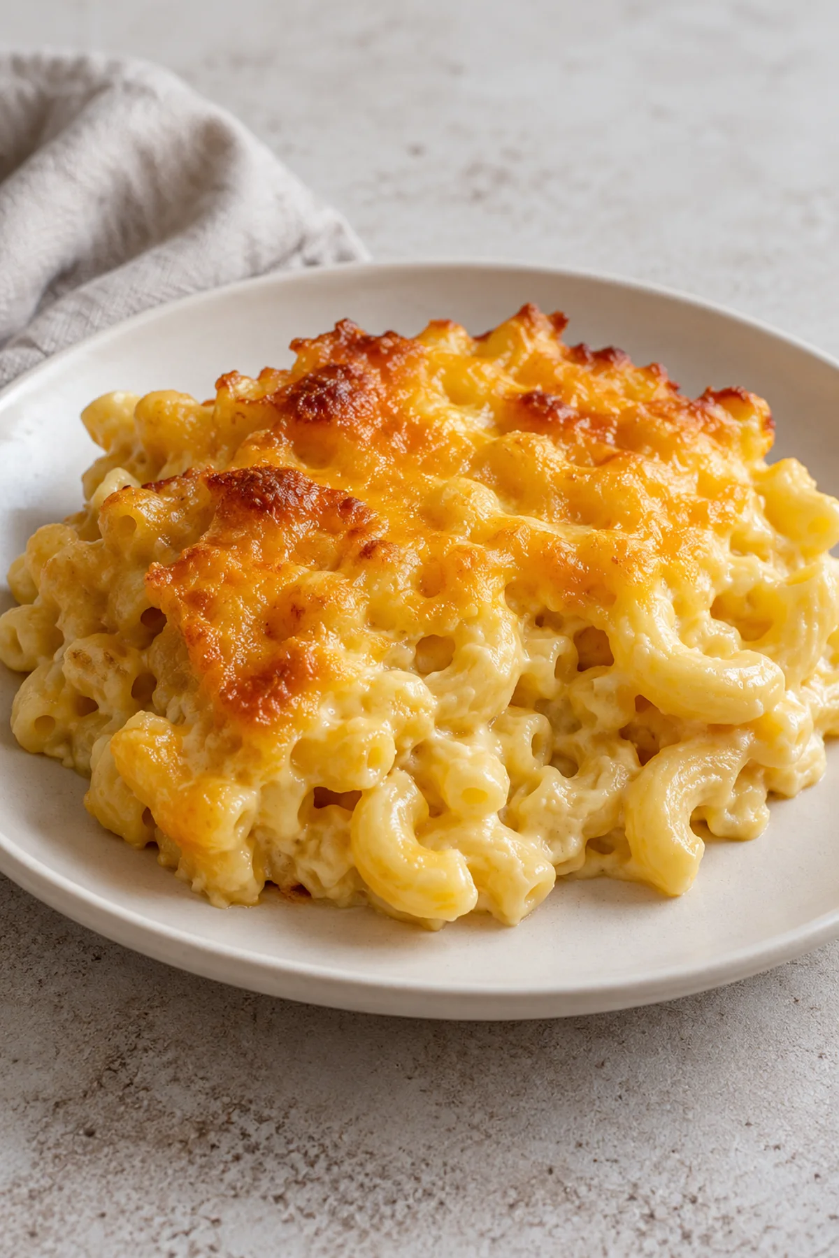 Serving of baked macaroni and cheese on an ivory plate