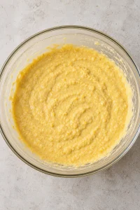 Freshly mixed yellow buttermilk cornbread batter in a bowl