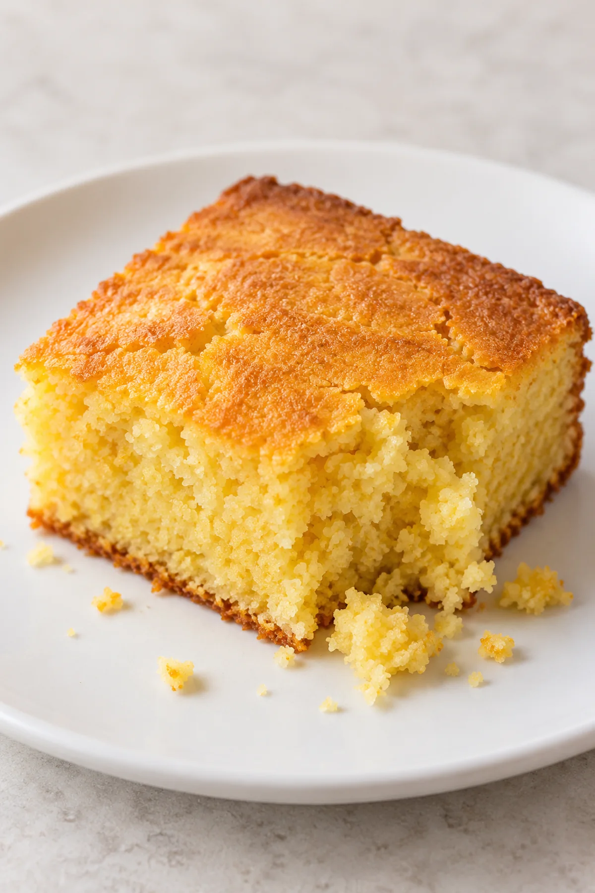 Close view of the fine cornmeal crumb and browned edge of buttermilk cornbread