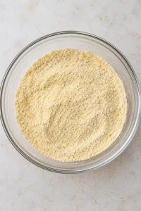 Plain cornmeal, flour, and salt whisked together before mixing the cornbread batter