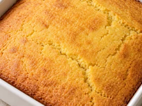 Whole Grandmother's Buttermilk Cornbread with golden edges in a square baking dish