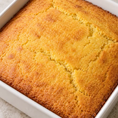 Whole Grandmother's Buttermilk Cornbread with golden edges in a square baking dish