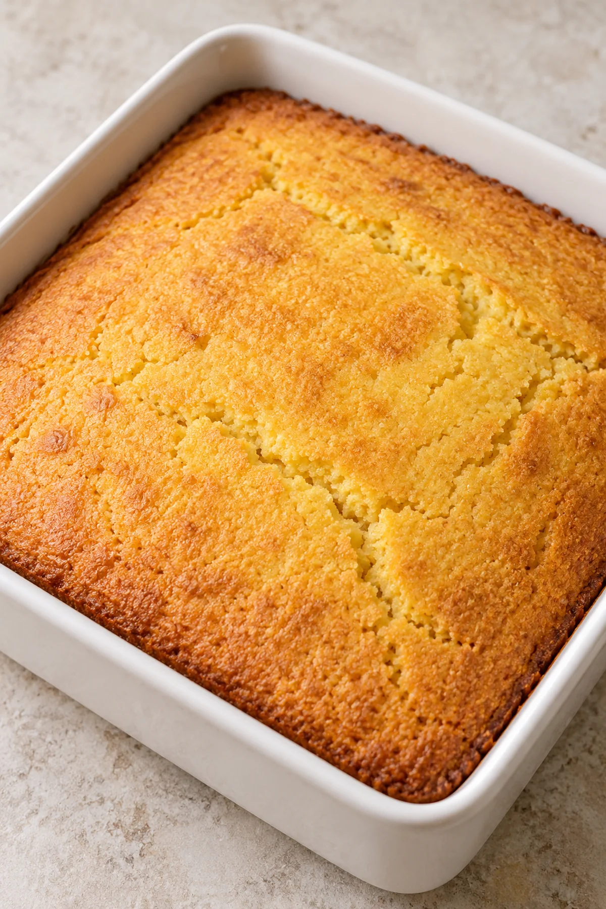 Whole Grandmother's Buttermilk Cornbread with golden edges in a square baking dish