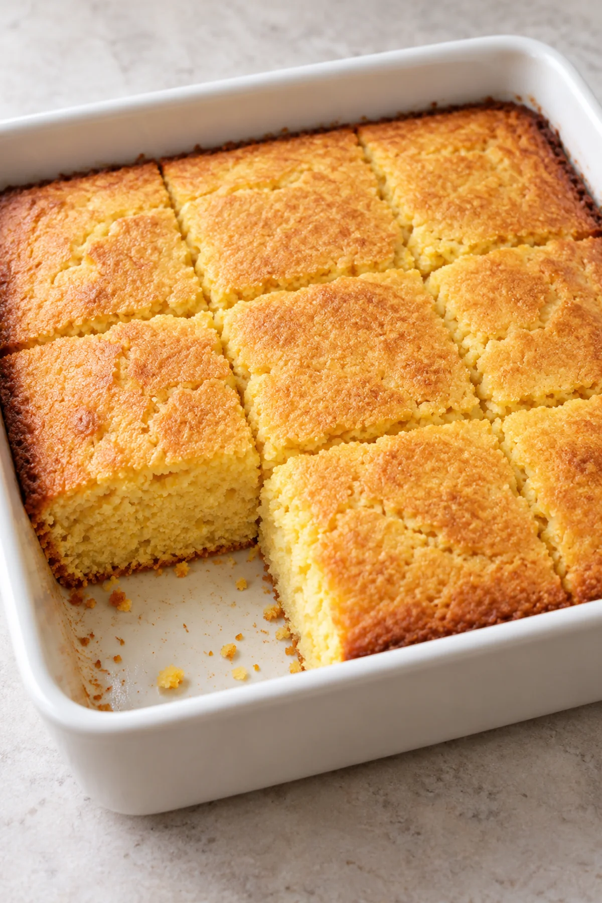 Cornbread with one corner serving removed to show the golden interior
