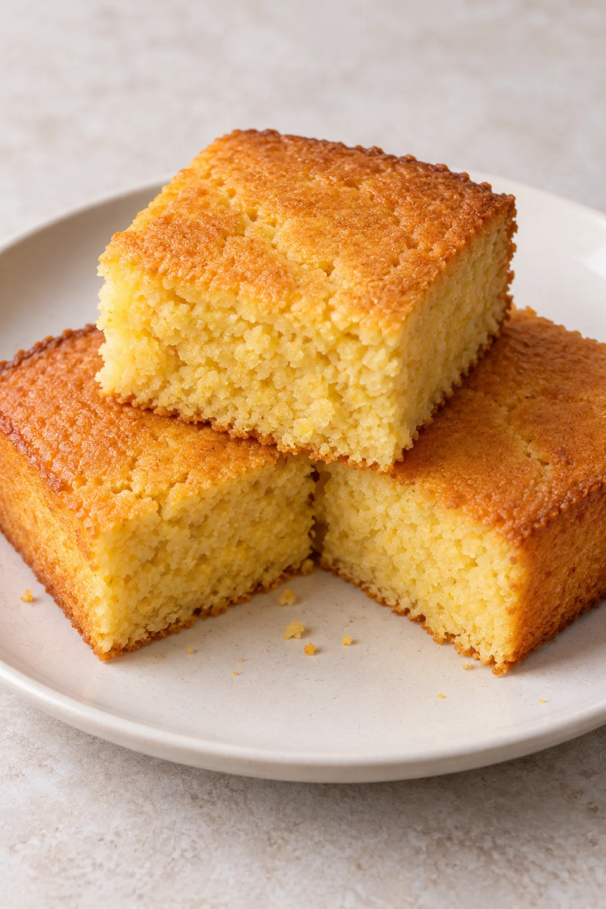 Three squares of buttermilk cornbread showing the tender yellow crumb