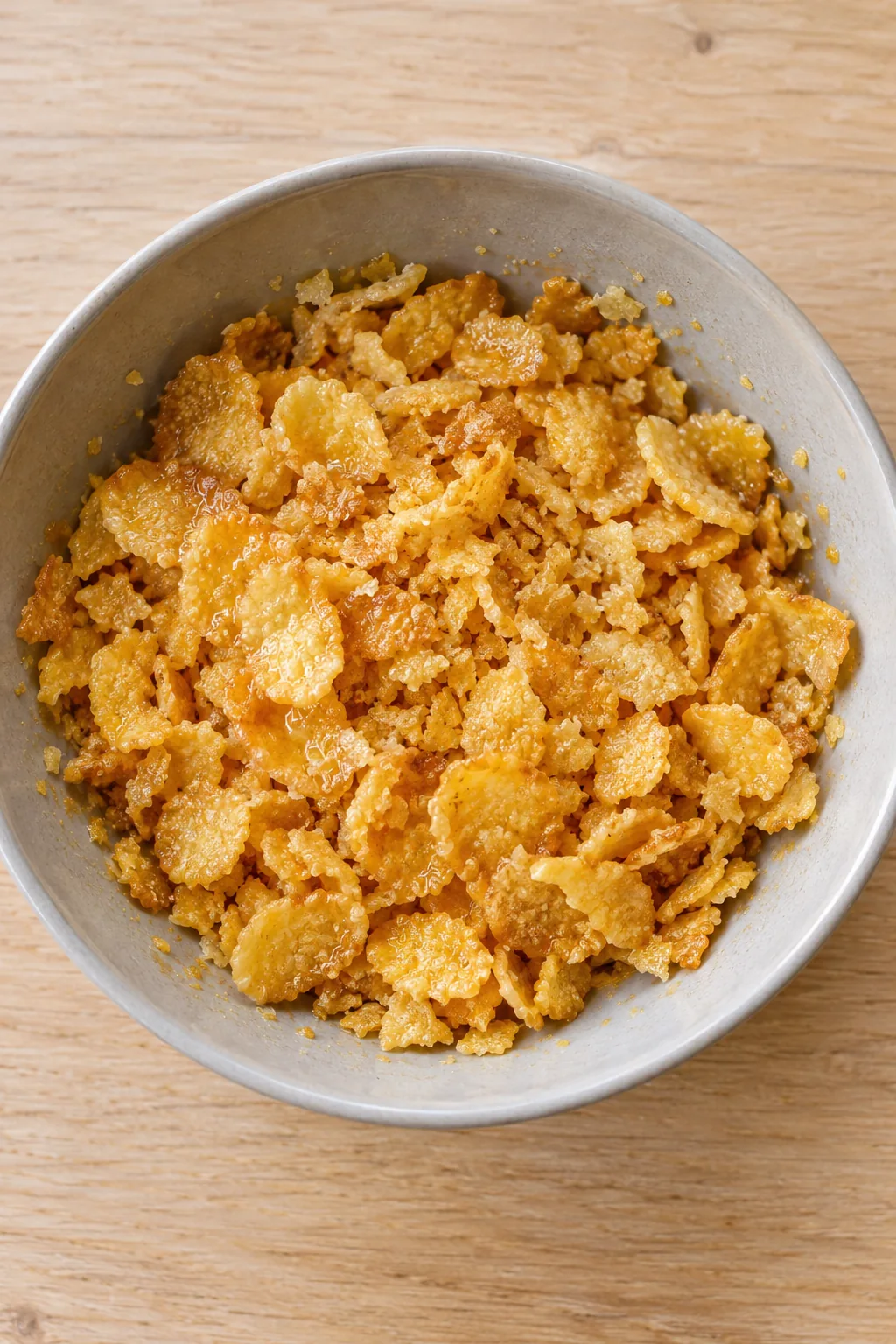 Coarse crushed cornflakes tossed with melted butter for the casserole topping