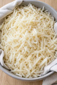 Thawed shredded hashbrowns patted dry before mixing the casserole