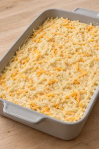 Unbaked creamy hashbrown filling spread evenly in a gray rectangular dish