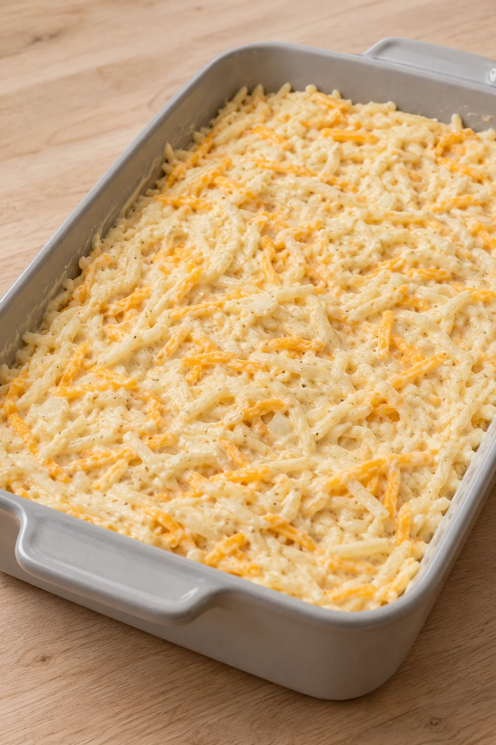 Unbaked creamy hashbrown filling spread evenly in a gray rectangular dish