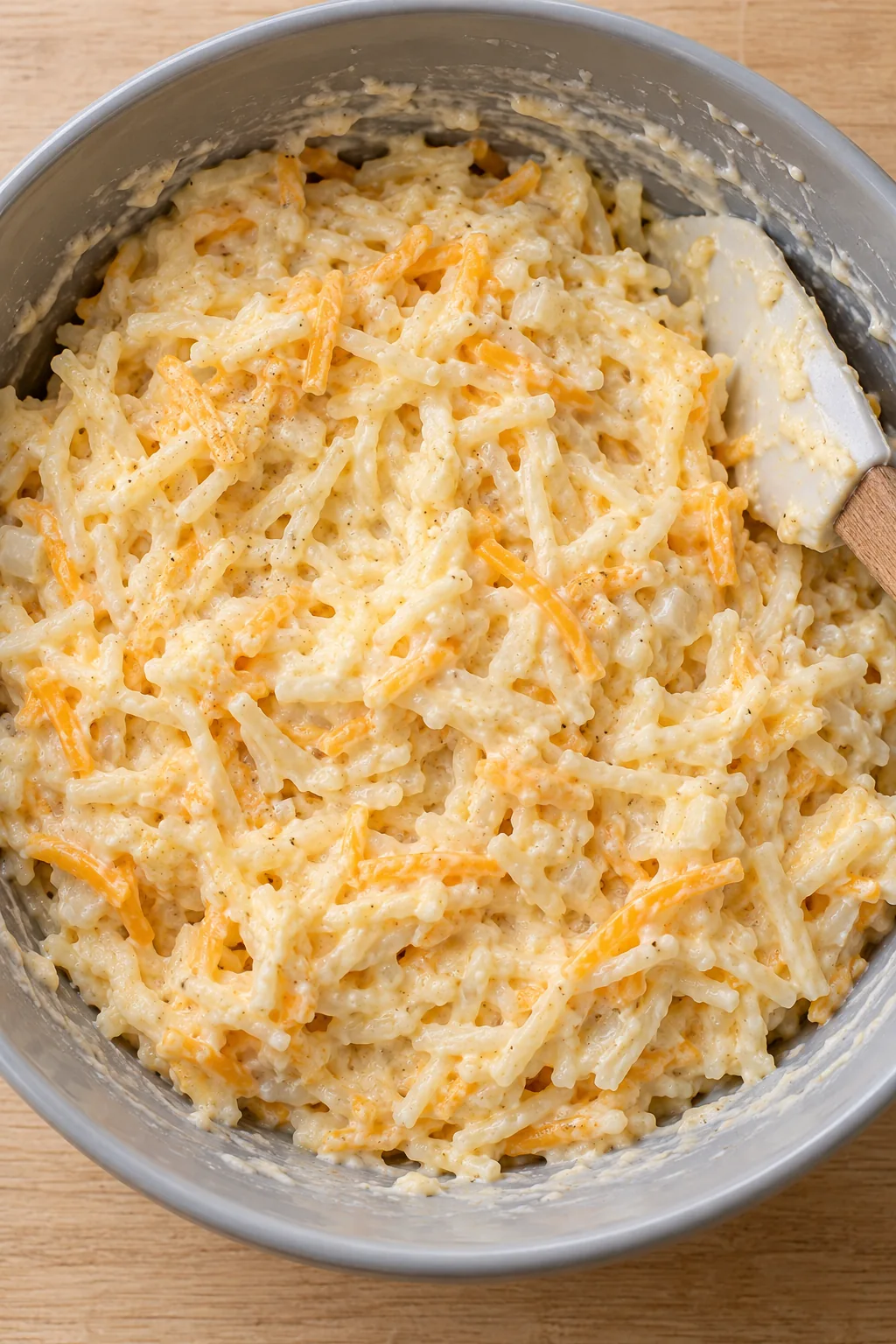 Shredded potatoes and grated cheddar coated in the creamy casserole mixture