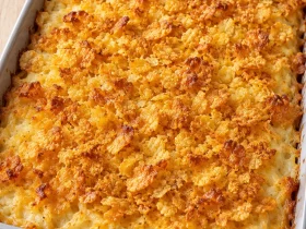 Whole hashbrown casserole with a golden cornflake topping in a gray baking dish