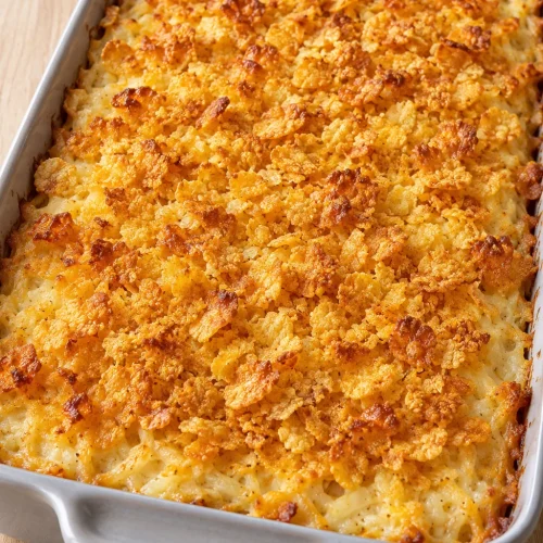 Whole hashbrown casserole with a golden cornflake topping in a gray baking dish