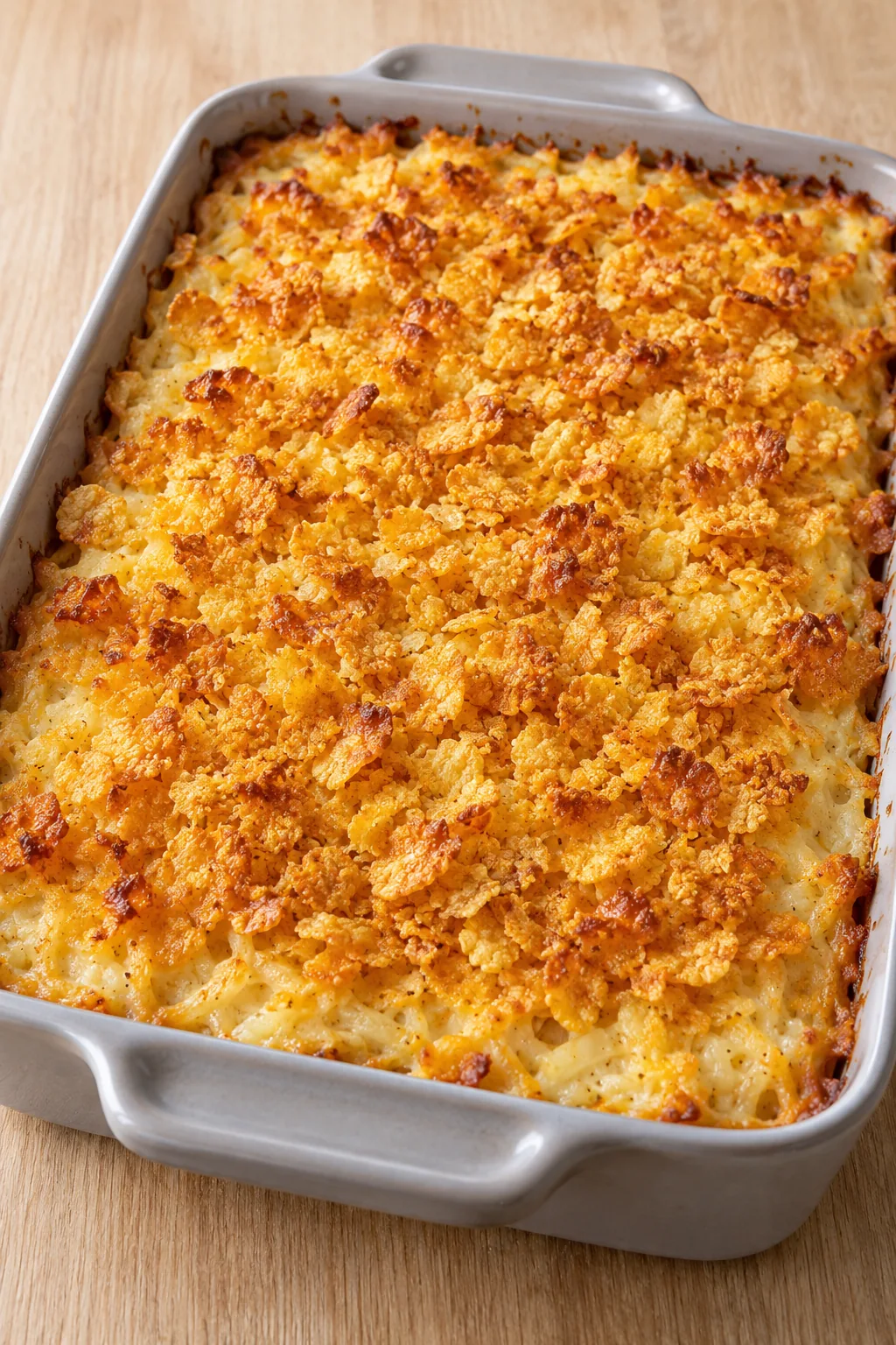 Whole hashbrown casserole with a golden cornflake topping in a gray baking dish