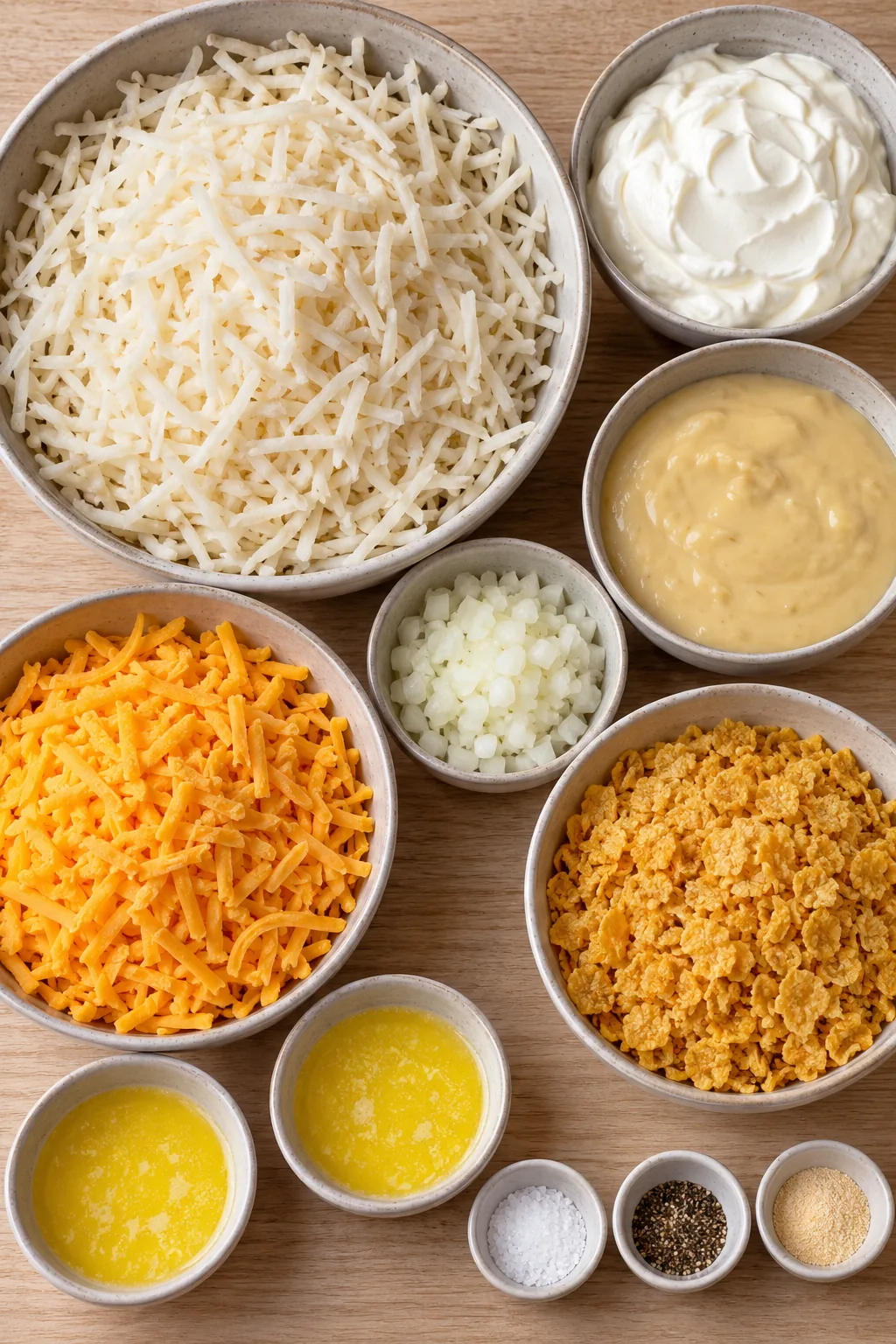 Shredded hashbrowns, sour cream, condensed soup, cheddar, onion, cornflakes, butter, and seasonings