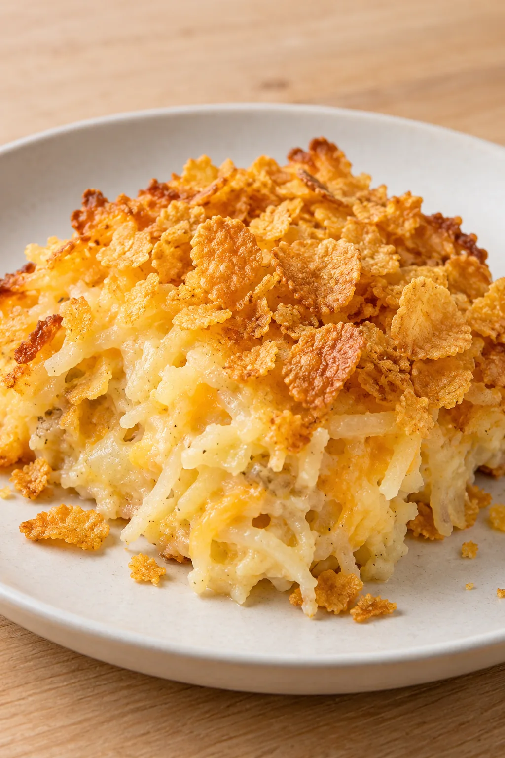 A serving of creamy hashbrown casserole with golden cornflakes on a plain plate