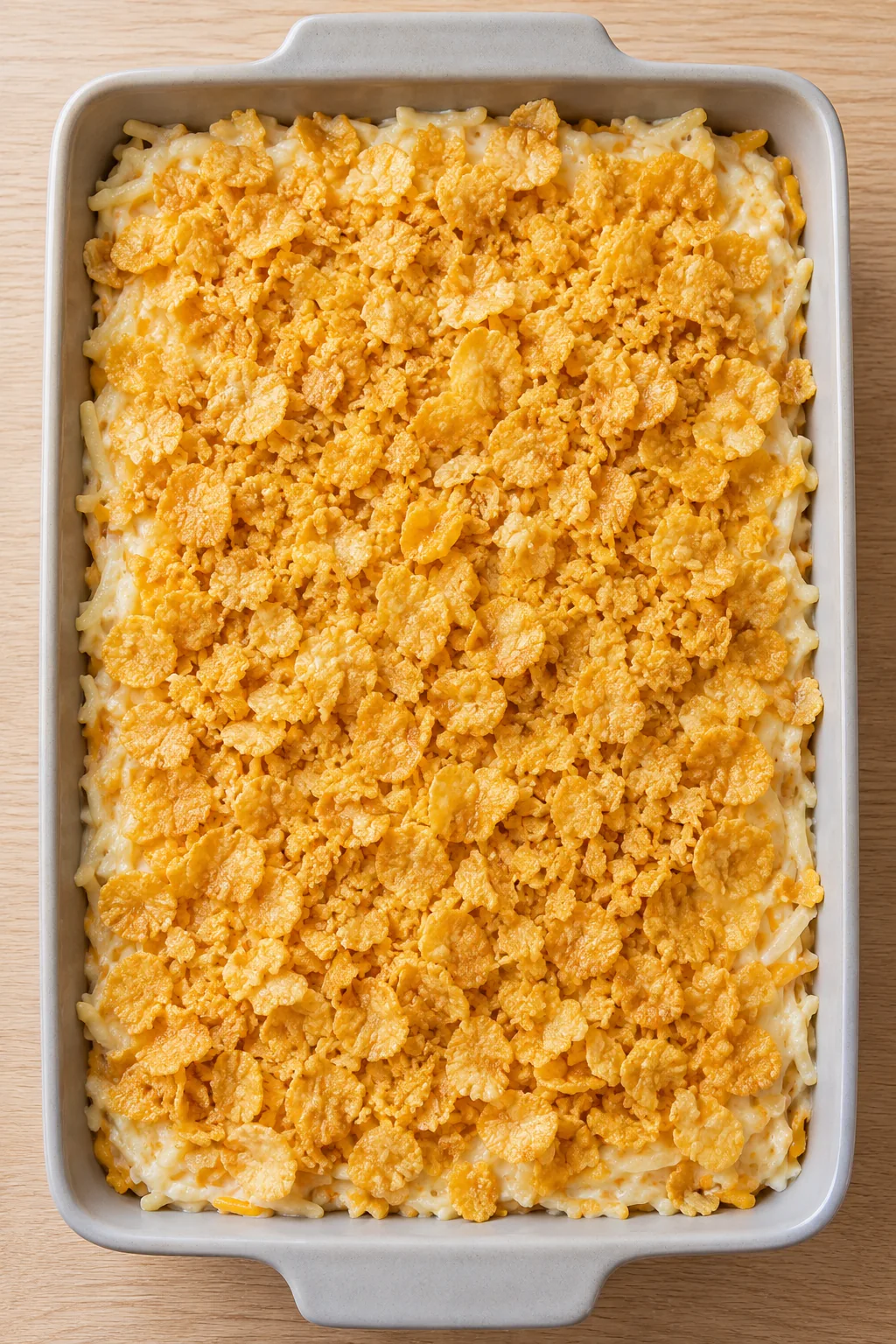 Unbaked hashbrown casserole covered with buttered cornflakes before baking
