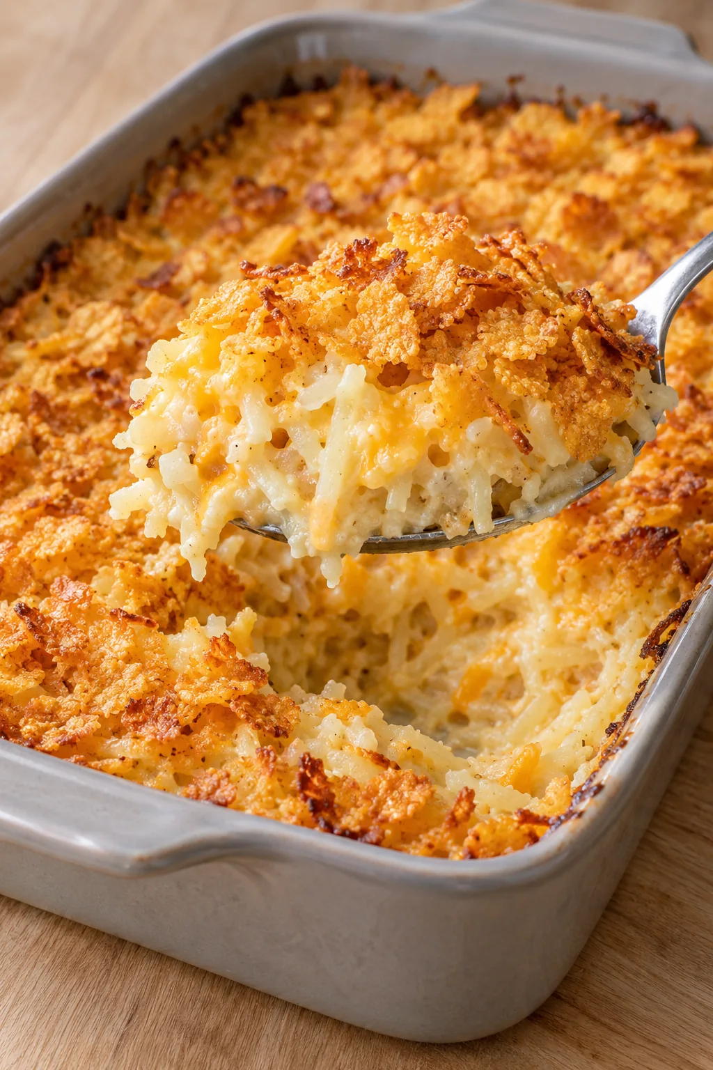 A scoop of baked hashbrown casserole showing creamy potatoes beneath the crisp topping