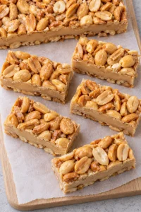Chilled homemade peanut candy sliced into rectangular bars.