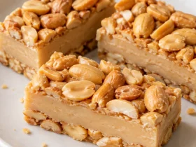 Homemade Payday candy bars with a pale peanut-butter center and roasted peanuts on top and bottom.