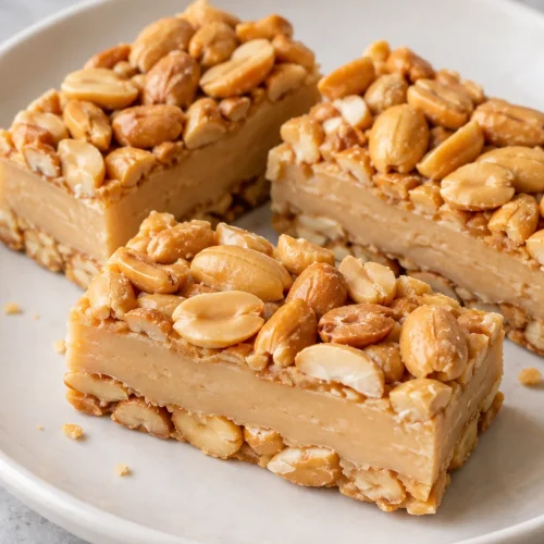 Homemade Payday candy bars with a pale peanut-butter center and roasted peanuts on top and bottom.