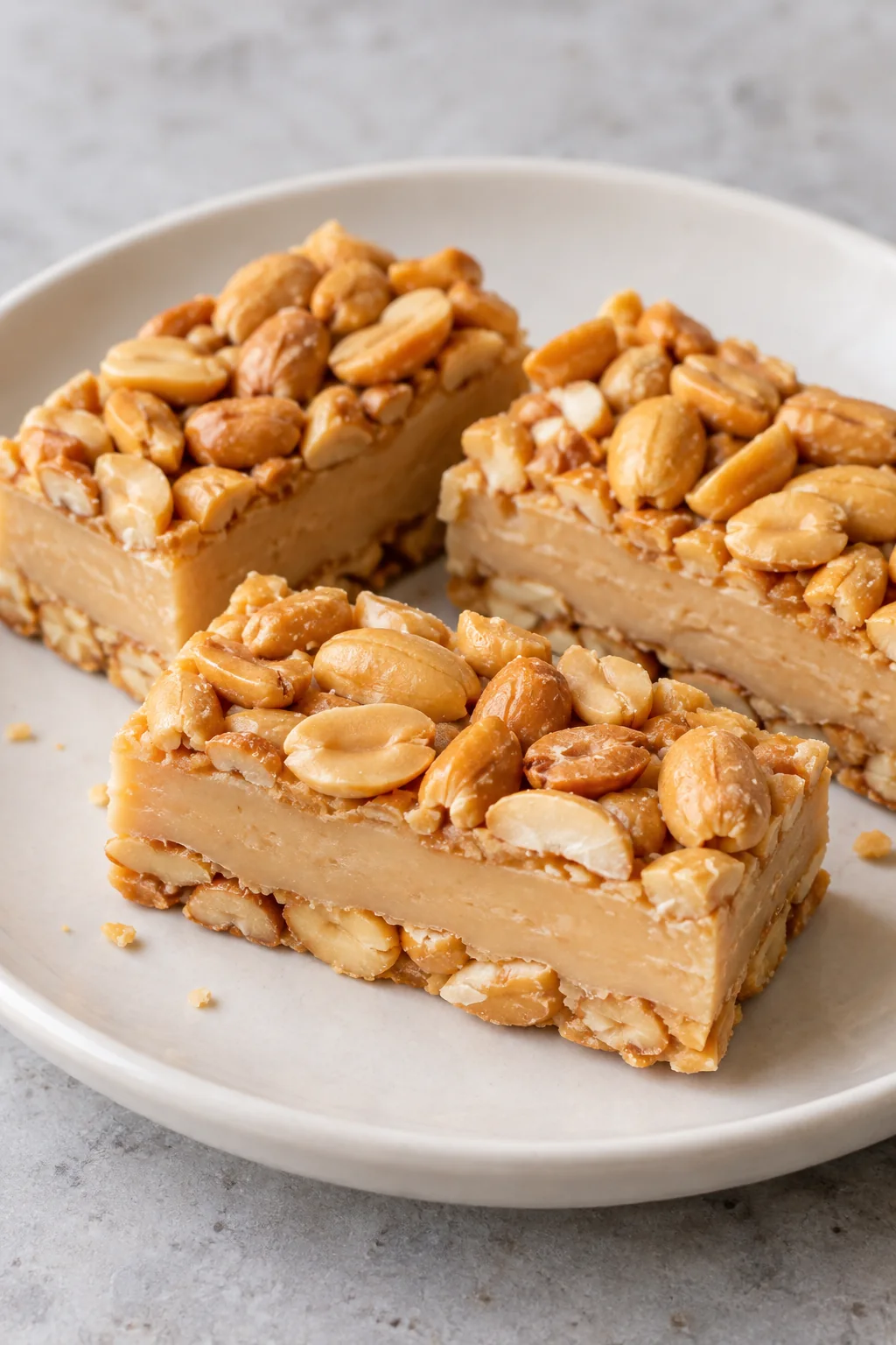 Homemade Payday candy bars with a pale peanut-butter center and roasted peanuts on top and bottom.