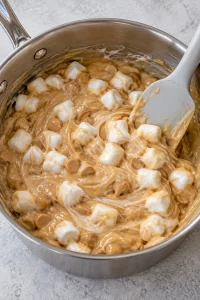 Mini marshmallows and sweetened condensed milk stirred into the melted peanut butter mixture.