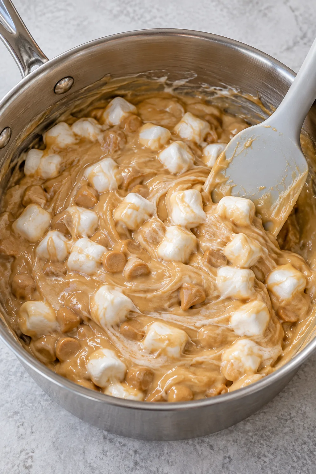 Mini marshmallows and sweetened condensed milk stirred into the melted peanut butter mixture.