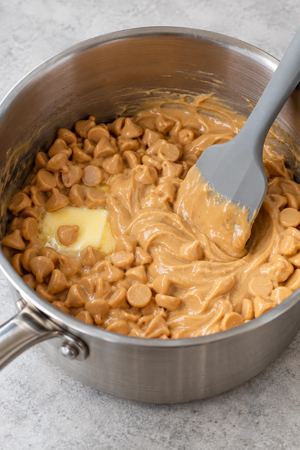 Peanut butter chips and butter melting together in a saucepan.