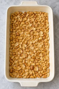 Salted roasted peanuts spread over the bottom of a greased rectangular baking dish.