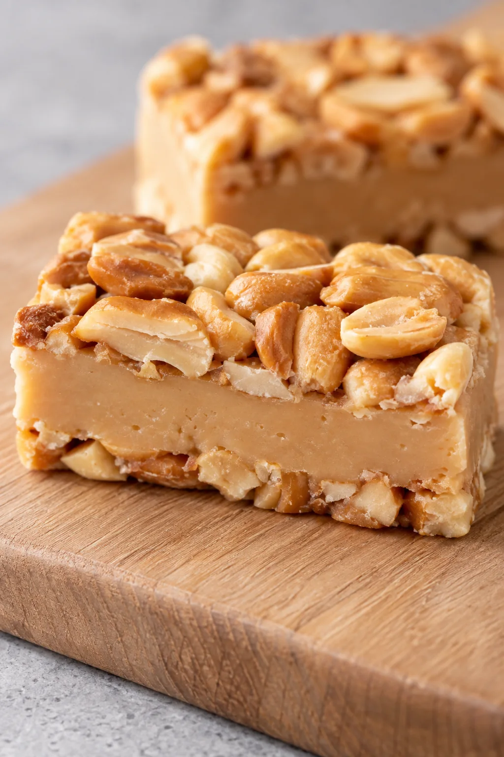 Close view of the chewy peanut-butter filling and crunchy peanut layers.