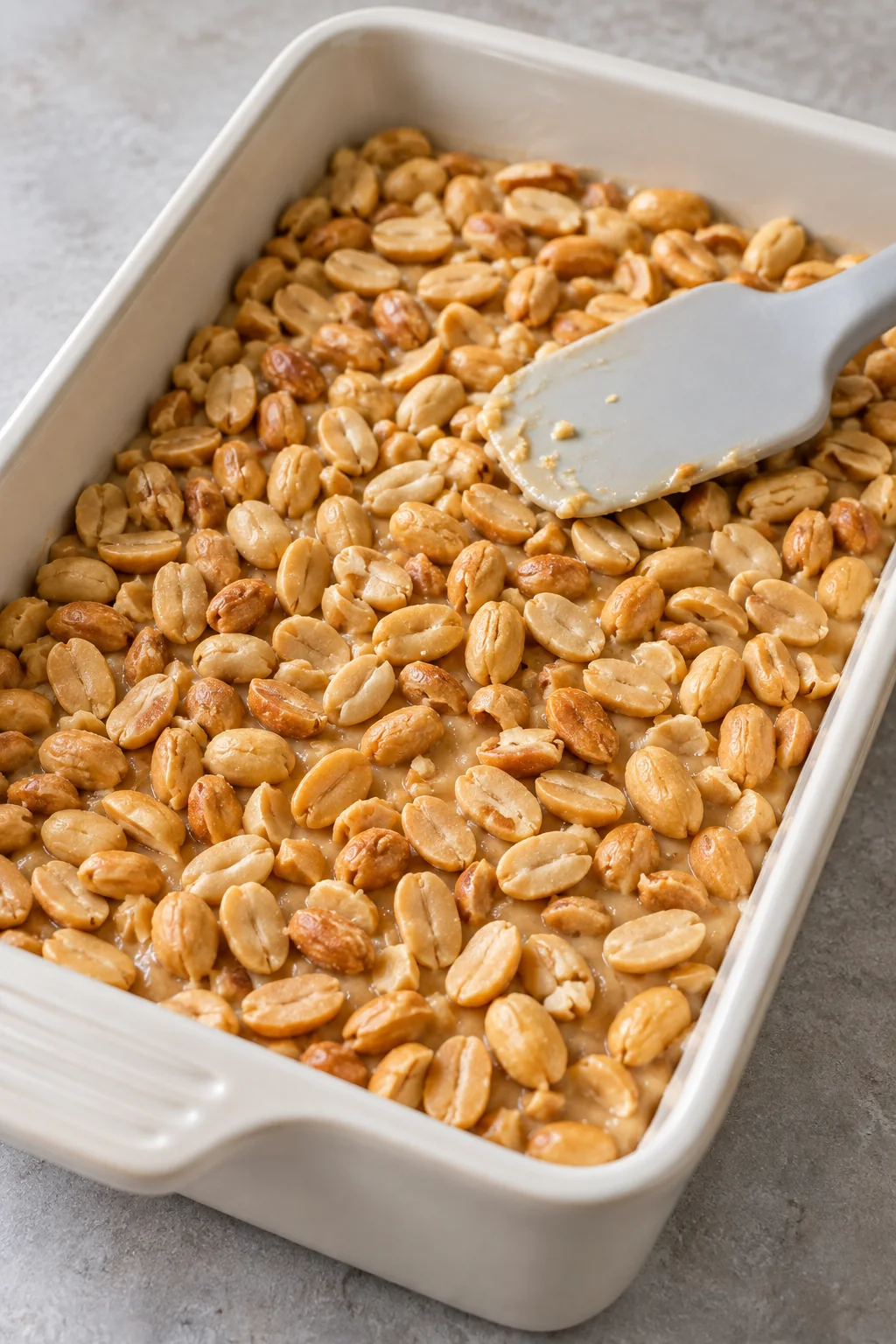 Roasted peanuts gently pressed into the top of the candy filling.
