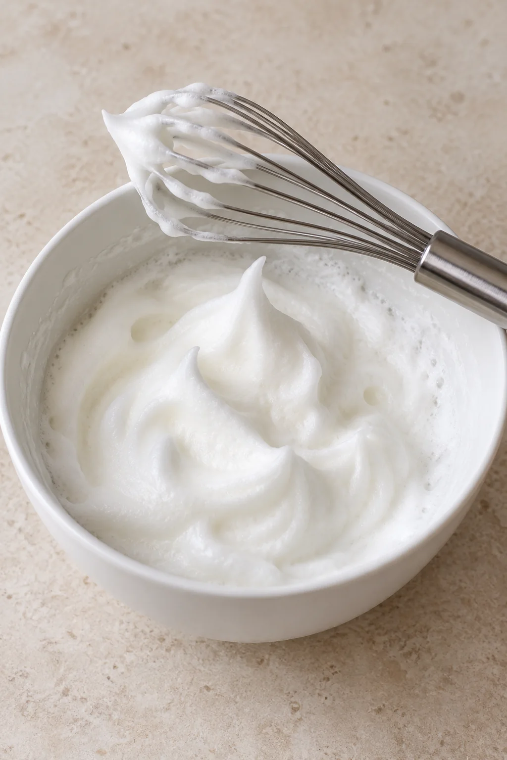 Egg whites beaten to stiff peaks in a mixing bowl.