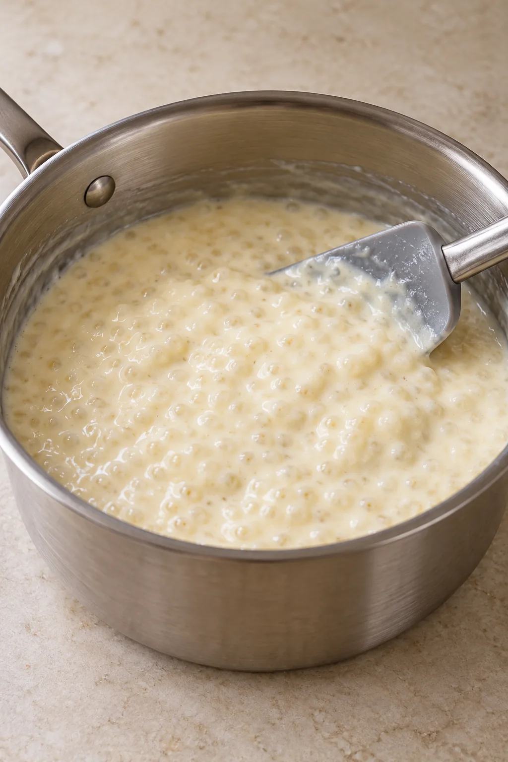 Beaten egg whites incorporated into warm tapioca pudding.
